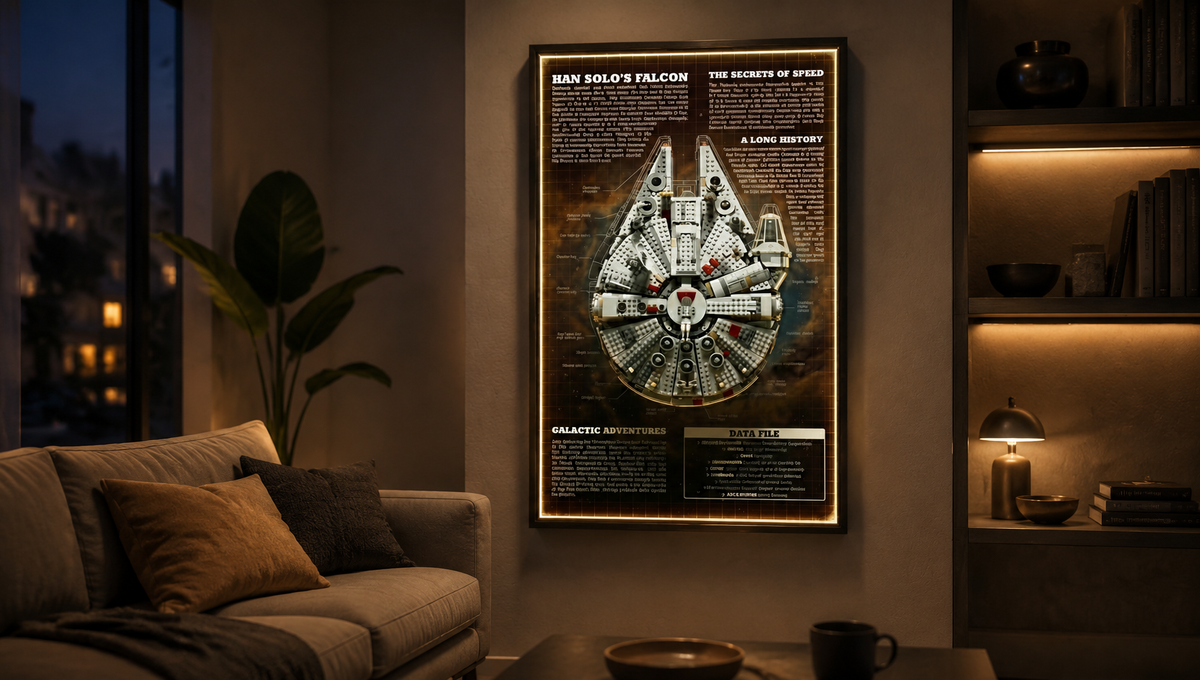 LEGO Star Wars Millennium Falcon wall-mount frame on a living room display wall