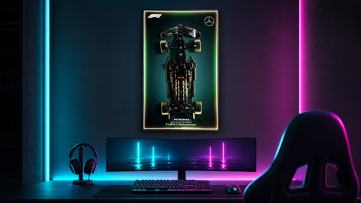 LEGO Technic Mercedes-AMG F1 W14 wall-mount frame in a gaming room