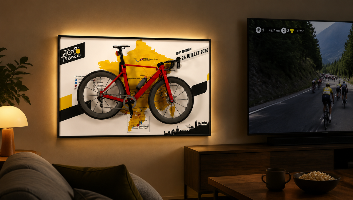 A LEGO road bike displayed as wall art in a living room