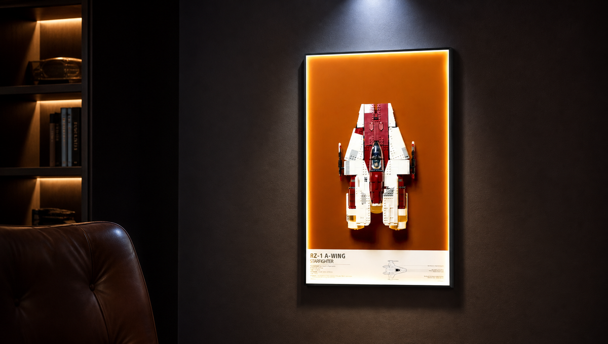 LEGO Star Wars Millennium Falcon 75257 mounted on a wall-mount display frame with LED lighting in a dark collector's study