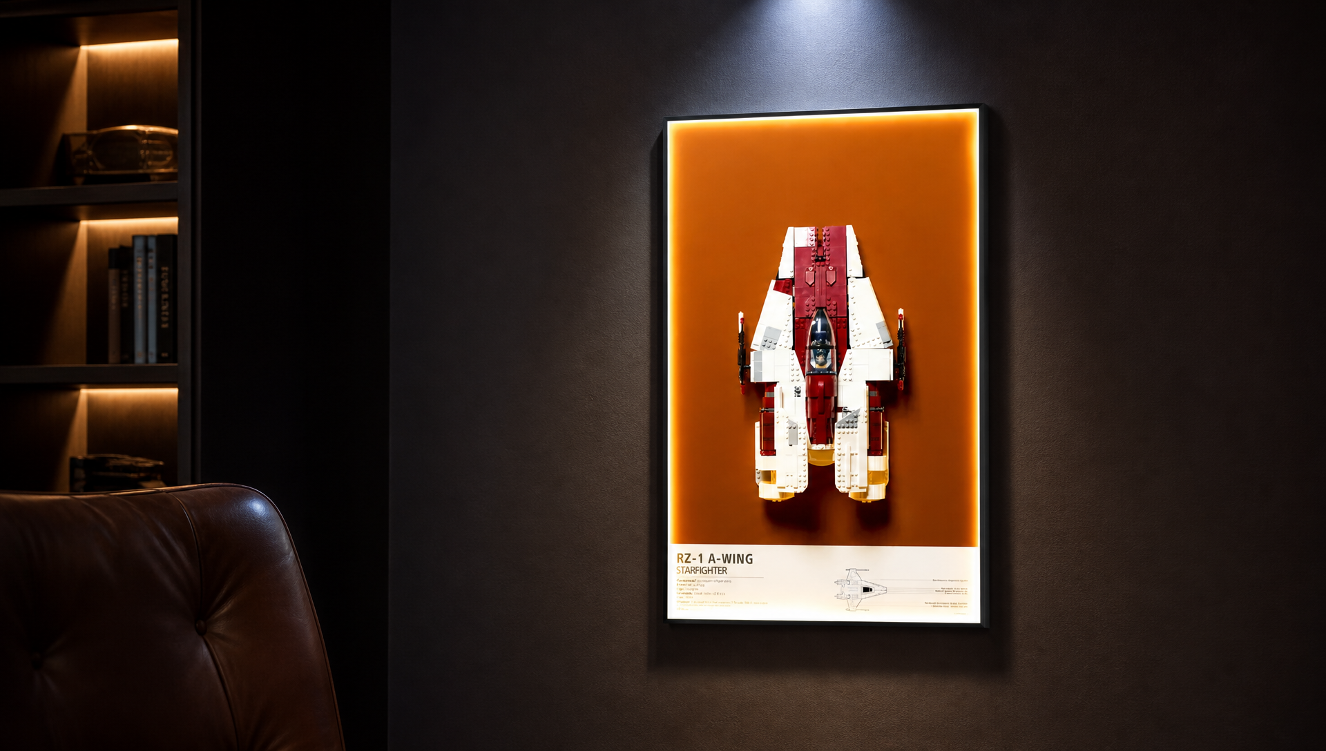 LEGO Star Wars Millennium Falcon 75257 mounted on a wall-mount display frame with LED lighting in a dark collector's study