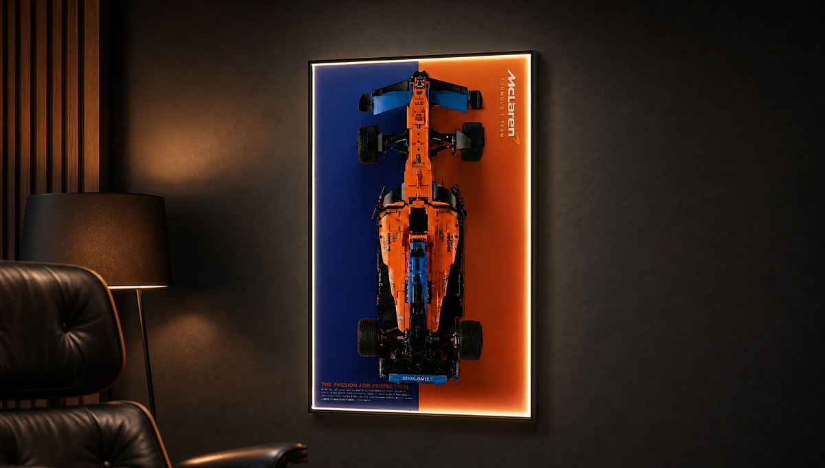 LEGO McLaren F1 42141 mounted on wall in display frame with mirror backplane and LED lighting
