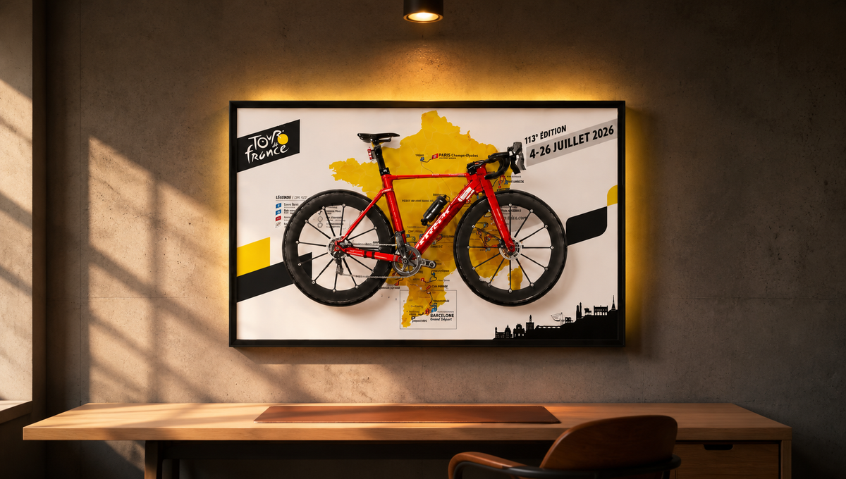 LEGO Road Bike 11380 displayed in a wall-mount frame in a minimalist adult home office