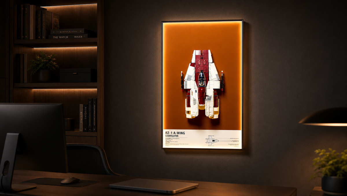 LEGO Star Wars Millennium Falcon 75257 mounted on a wall-mount display frame with LED lighting in a dark home office