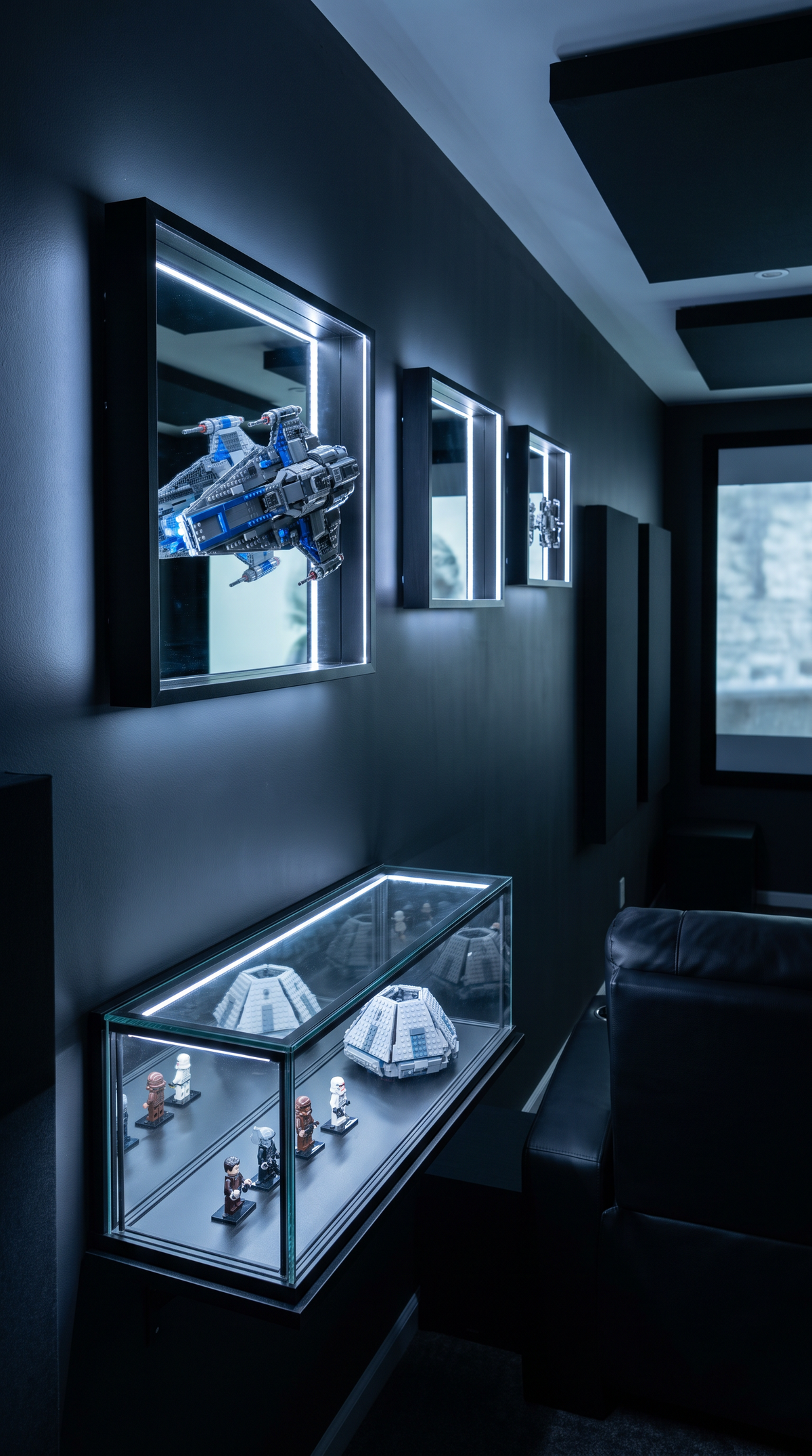 LEGO Star Wars display wall with Millennium Falcon, X-Wing, and N-1 Starfighter in wall-mount frames with LED lighting in a dark collector's room