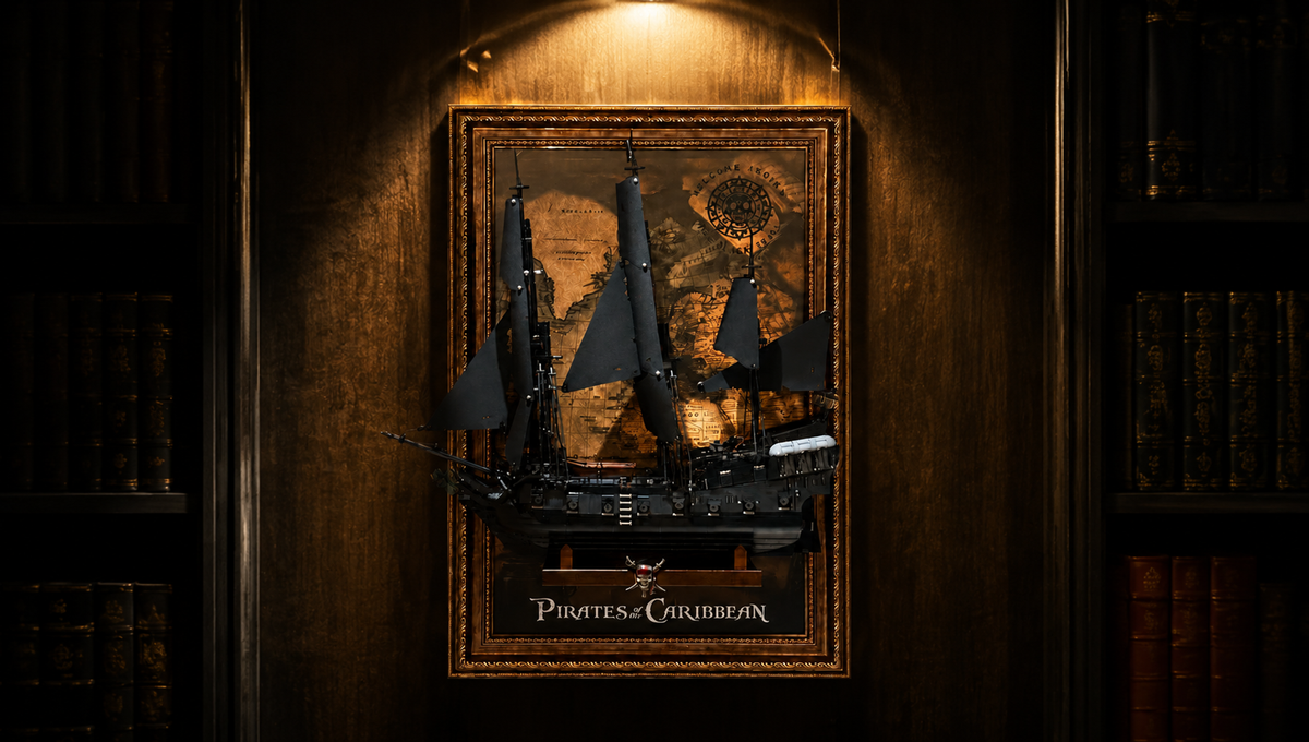 LEGO Captain Jack Sparrow's Pirate Ship 10365 mounted in a wall-mount display frame in a dark study with warm spotlight lighting